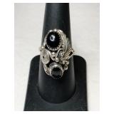 Silver Navajo black onyx Ring marked Sterling DM.