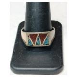 Silver Navajo turquoise red coral chip ring