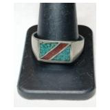 Silver zuni turquoise red coral chip ring    size
