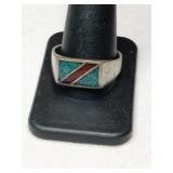 Silver zuni turquoise red coral chip ring    size