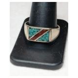 Silver zuni turquoise red coral chip ring    size