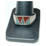 Silver Navajo turquoise red coral chip ring