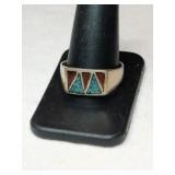 Silver Navajo turquoise red coral chip ring