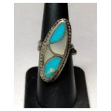 Silver  tuni turquoise / mop Ring    Size 5.5  .