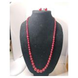 Red beaded necklace dangle clip-on earrings