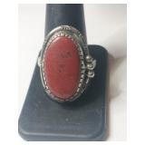 Silver Navajo red coral ring marked MJ size 11.5.