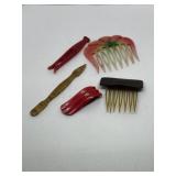 Bakelite and other hair combs, clips