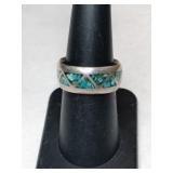 Silver zuni turquoise chip band ring     size 7