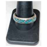 Silver zuni turquoise chip band ring     size 11
