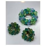Lisner green and blue beaded brooch with clip-on