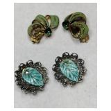 Enamel Green Stone clip ons aqua blue leaf clip
