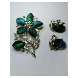 Coro green /blue rhinestone flower brooch with