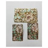 Gold tone rectangle enamel flower brooch post