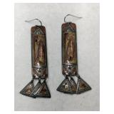 Handmade rectangular dangle silver tone earrings