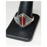 Silver zuni turquoise red coral chip ring Marked
