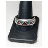 Silver Navajo turquoise/ red coral chip band ring