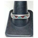 Silver Navajo turquoise/ red coral chip band ring