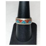 Silver Navajo turquoise/ red coral chip band ring