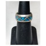 Silver zuni turquoise chip band ring     size 5