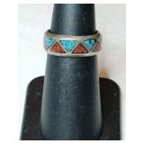 Silver zuni turquoise/ red coral chip band ring.