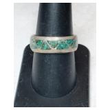 Silver zuni turquoise chip band ring     size 8