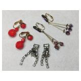 Vintage red bead dangle clip-on clear rhinestone