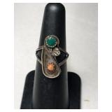 Silver Navajo turquoise /Coral Ring size 5
