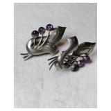 Silver art deco purple stone clipped earrings
