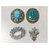 4 gold / silver tone bluestone brooches