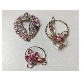 3 gold tone pink rhinestone brooches