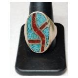 Silver native American turquoise red coral chipped