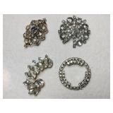 4 gold tone clear rhinestone brooches