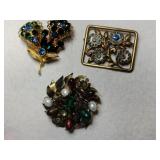 3 gold tone multi-color rhinestones brooches