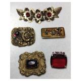 5 gold tone red rhinestone brooches