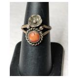 Silver Navajo Coral  Ring size 6 .5   .085oz