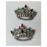 Silvertone multicolor crown rhinestone brooches