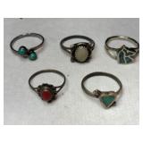 5 silver native American rings mixed sizes.
