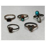5 silver native American rings mixed sizes