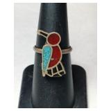 Silver zuni turquoise/ red coral Stone bird ring