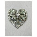 Weiss silvertone clear rhinestone heart brooch