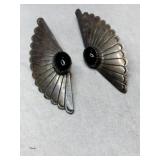 Silver fan shaped blue onyx post earrings marked