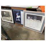 Three framed art prints, dog sleeping and Amish