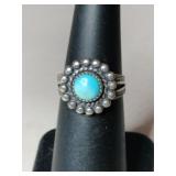 Silver turquoise flower  ring unmarked size 5.