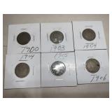 6 V nickels 1900, 1903, 1904, 1905,1906