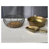 Brass basin and scoop & wire basket with a woven