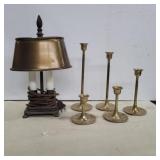 Brass desk lamp 11in and 5 brass candle sticks