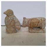 2 carved natural stone bird 4.5in tall and pig