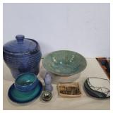 Hand made stoneware canister, bowl, bowl with