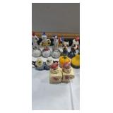 Salt and peper shakers, and 3 porcelain clowns
