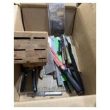 Collection of kitchen knives, wood knife block,